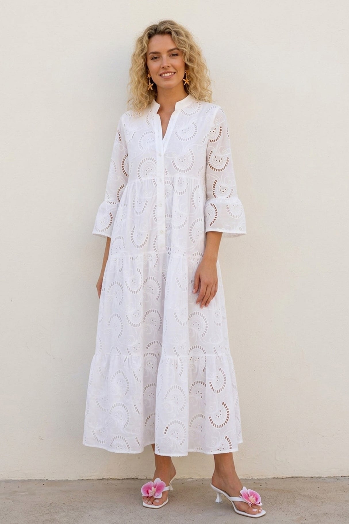 V Neck Flares Sleeve Embroidery Cotton Dress