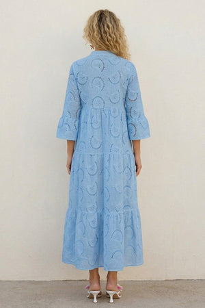 V Neck Flares Sleeve Embroidery Cotton Dress