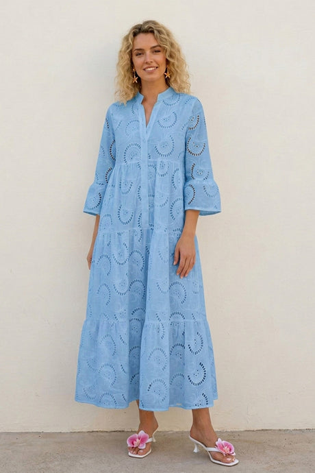 V Neck Flares Sleeve Embroidery Cotton Dress