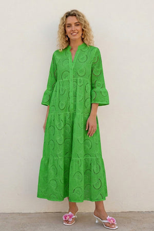 V Neck Flares Sleeve Embroidery Cotton Dress