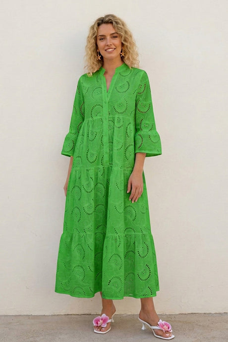 V Neck Flares Sleeve Embroidery Cotton Dress