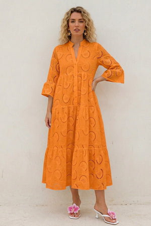 V Neck Flares Sleeve Embroidery Cotton Dress