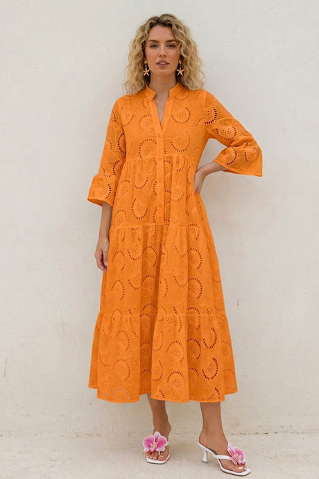 V Neck Flares Sleeve Embroidery Cotton Dress