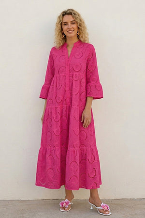 V Neck Flares Sleeve Embroidery Cotton Dress