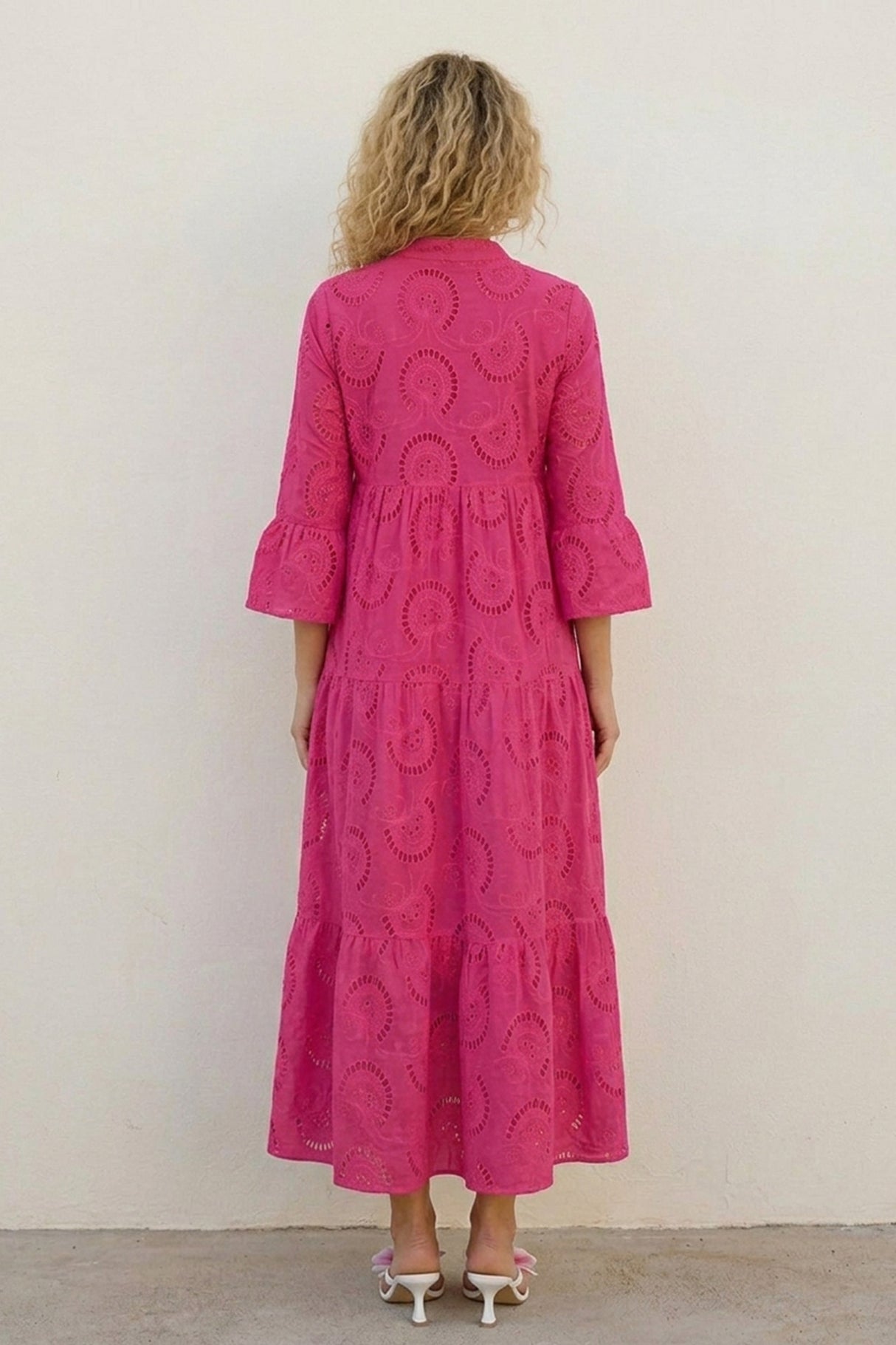 V Neck Flares Sleeve Embroidery Cotton Dress