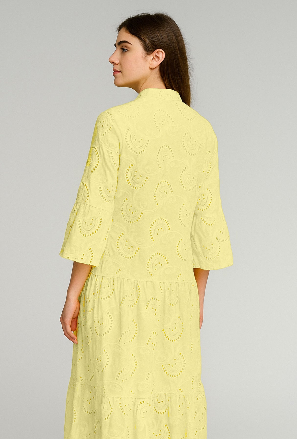 V Neck Flares Sleeve Embroidery Cotton Dress