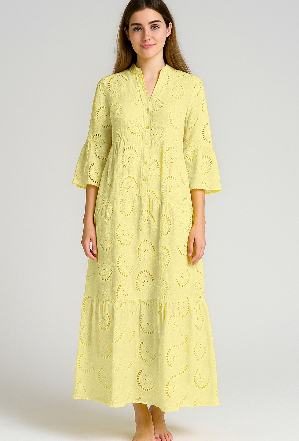 V Neck Flares Sleeve Embroidery Cotton Dress