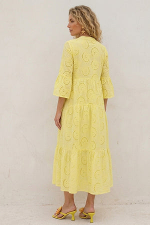 V Neck Flares Sleeve Embroidery Cotton Dress