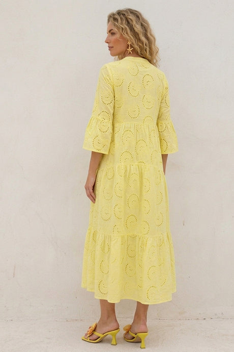 V Neck Flares Sleeve Embroidery Cotton Dress