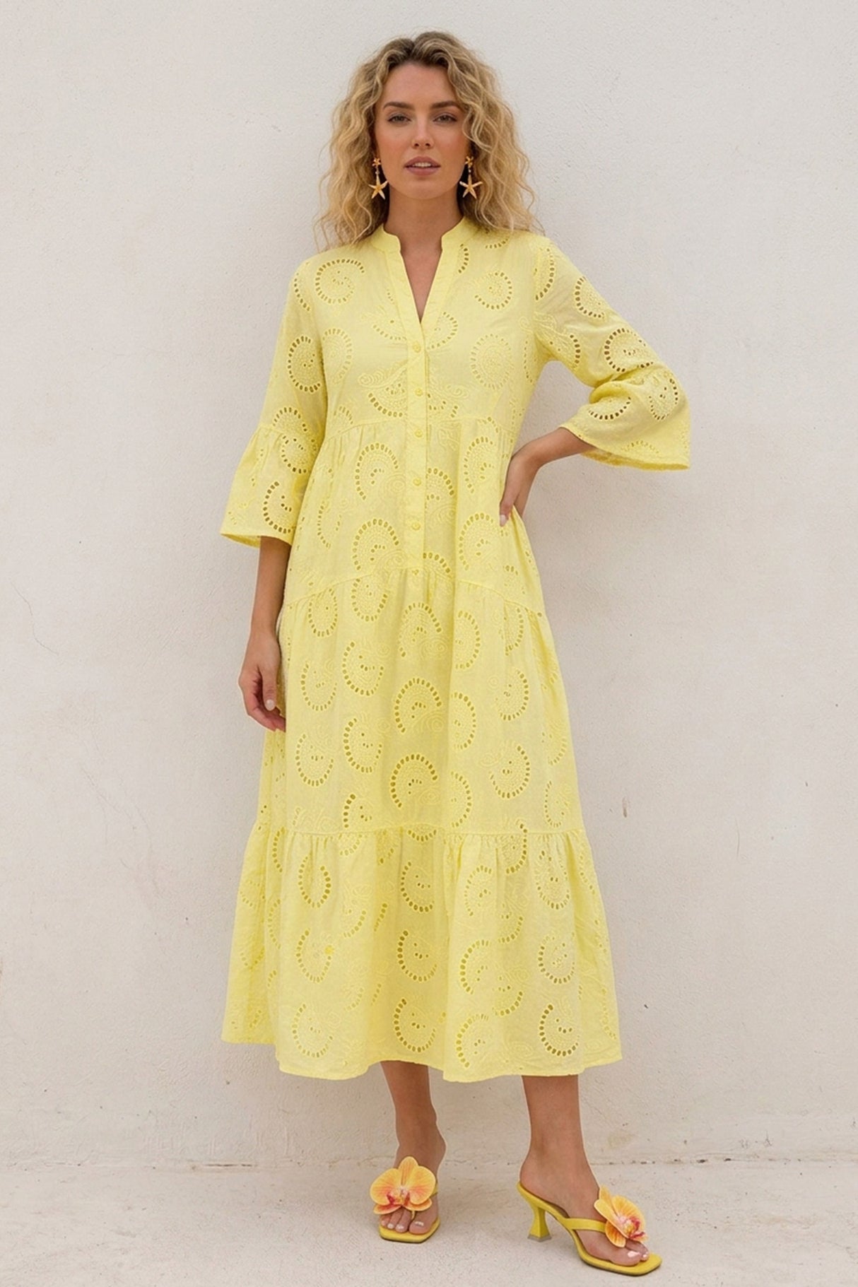 V Neck Flares Sleeve Embroidery Cotton Dress