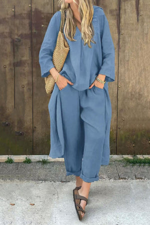 Arolora V Neck High Low Shirt Pants Set