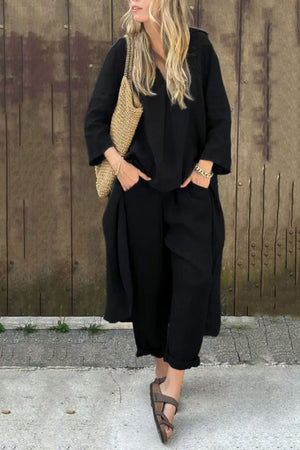 Arolora V Neck High Low Shirt Pants Set