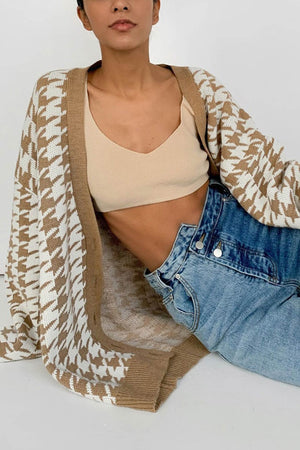 V Neck Houndstooth Contrast Mid-length Cardigan