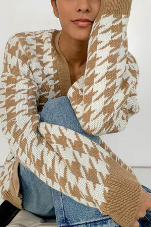 V Neck Houndstooth Contrast Mid-length Cardigan