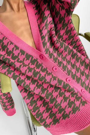 V Neck Houndstooth Contrast Mid-length Cardigan