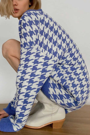 V Neck Houndstooth Contrast Mid-length Cardigan