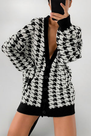 V Neck Houndstooth Contrast Mid-length Cardigan