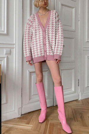 V Neck Houndstooth Contrast Mid-length Cardigan