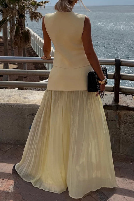 Arolora V Neck Knit Tank Top Patchwork Pleated Skirt Set