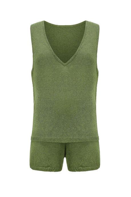 V Neck Knit Tank Top Shorts Suits