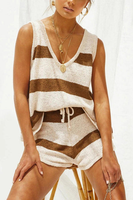 V Neck Knit Tank Top Shorts Suits