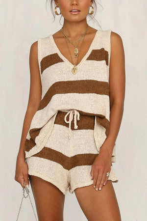 V Neck Knit Tank Top Shorts Suits