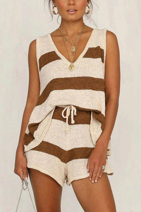 V Neck Knit Tank Top Shorts Suits