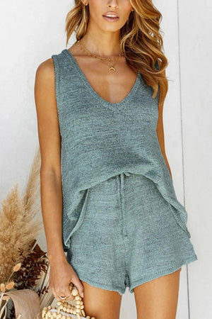 V Neck Knit Tank Top Shorts Suits