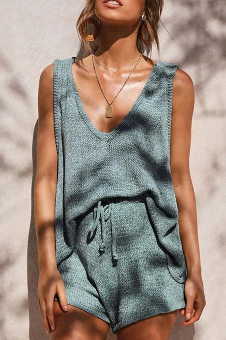 V Neck Knit Tank Top Shorts Suits