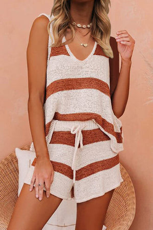 V Neck Knit Tank Top Shorts Suits