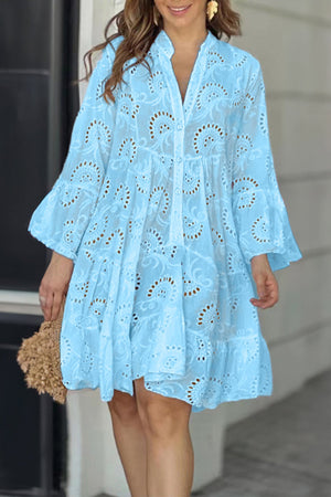 Arolora V Neck Lace Embroidery Hollow Out Cotton Dress