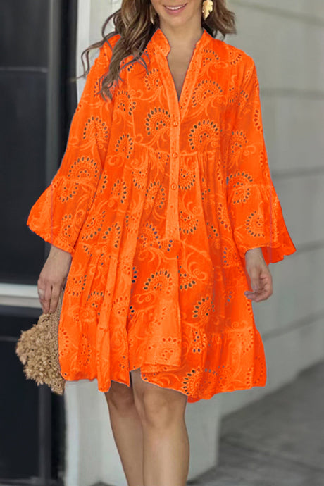 Arolora V Neck Lace Embroidery Hollow Out Cotton Dress