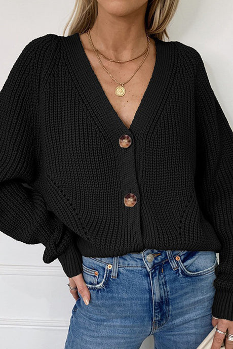 V Neck Lantern Sleeve Cardigan