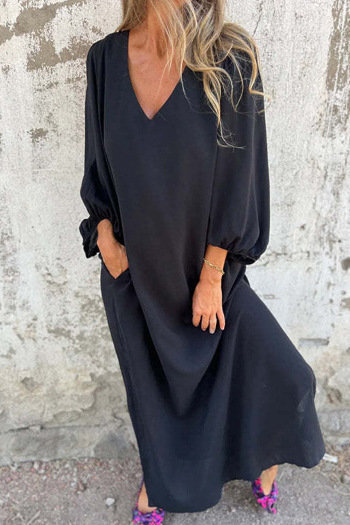 Arolora V Neck Lantern Sleeve Maxi Dress