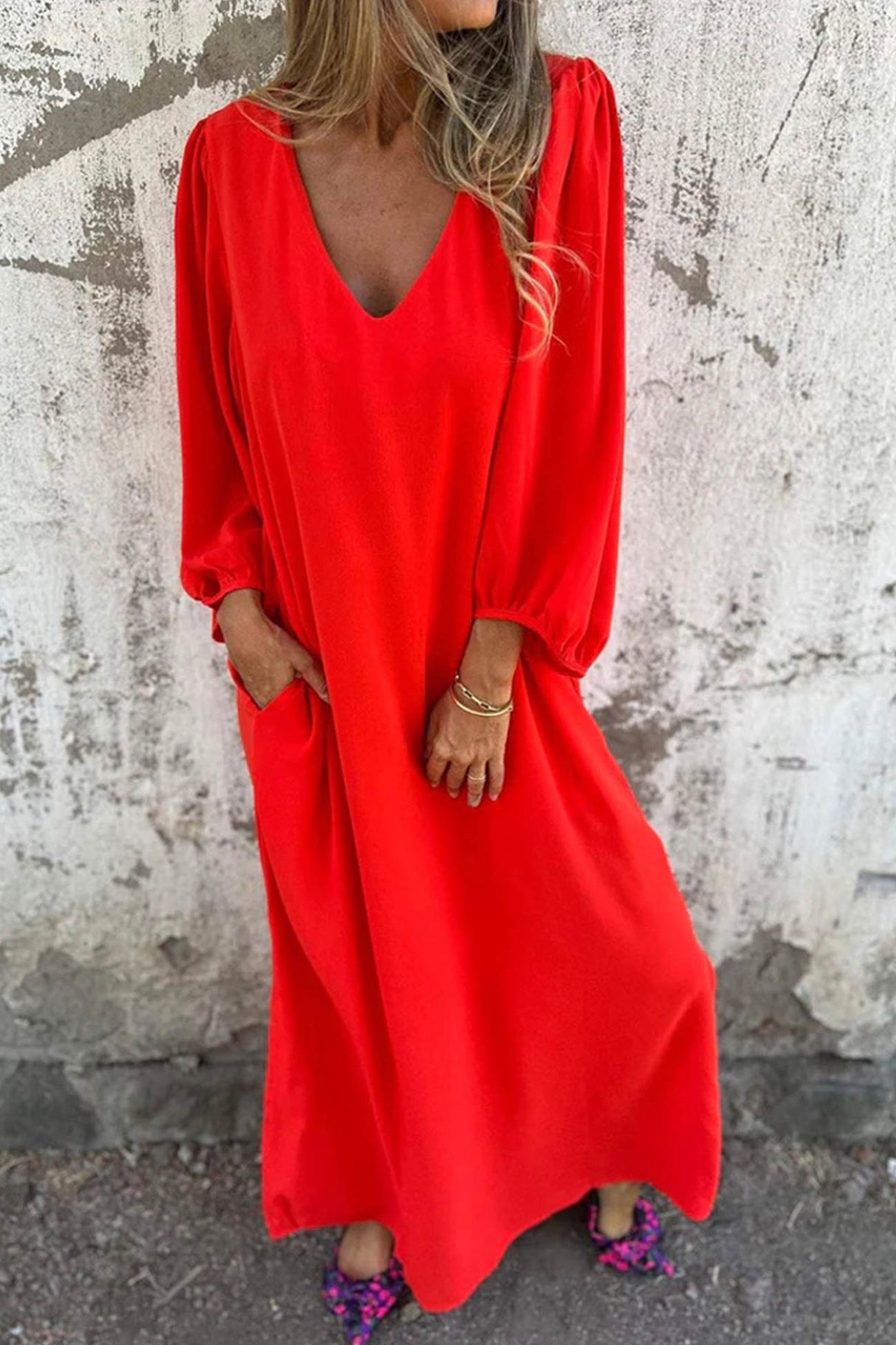 Arolora V Neck Lantern Sleeve Maxi Dress