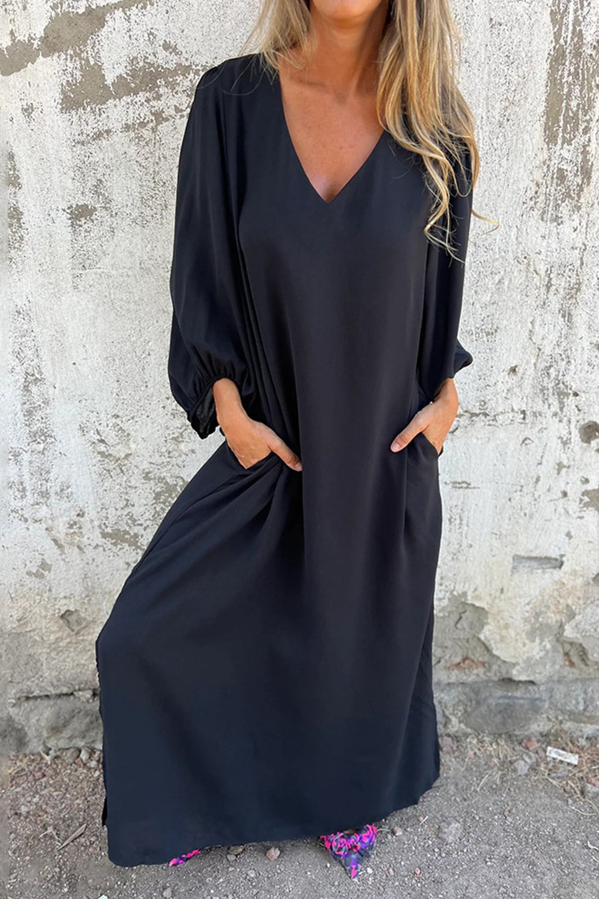Arolora V Neck Lantern Sleeve Maxi Dress