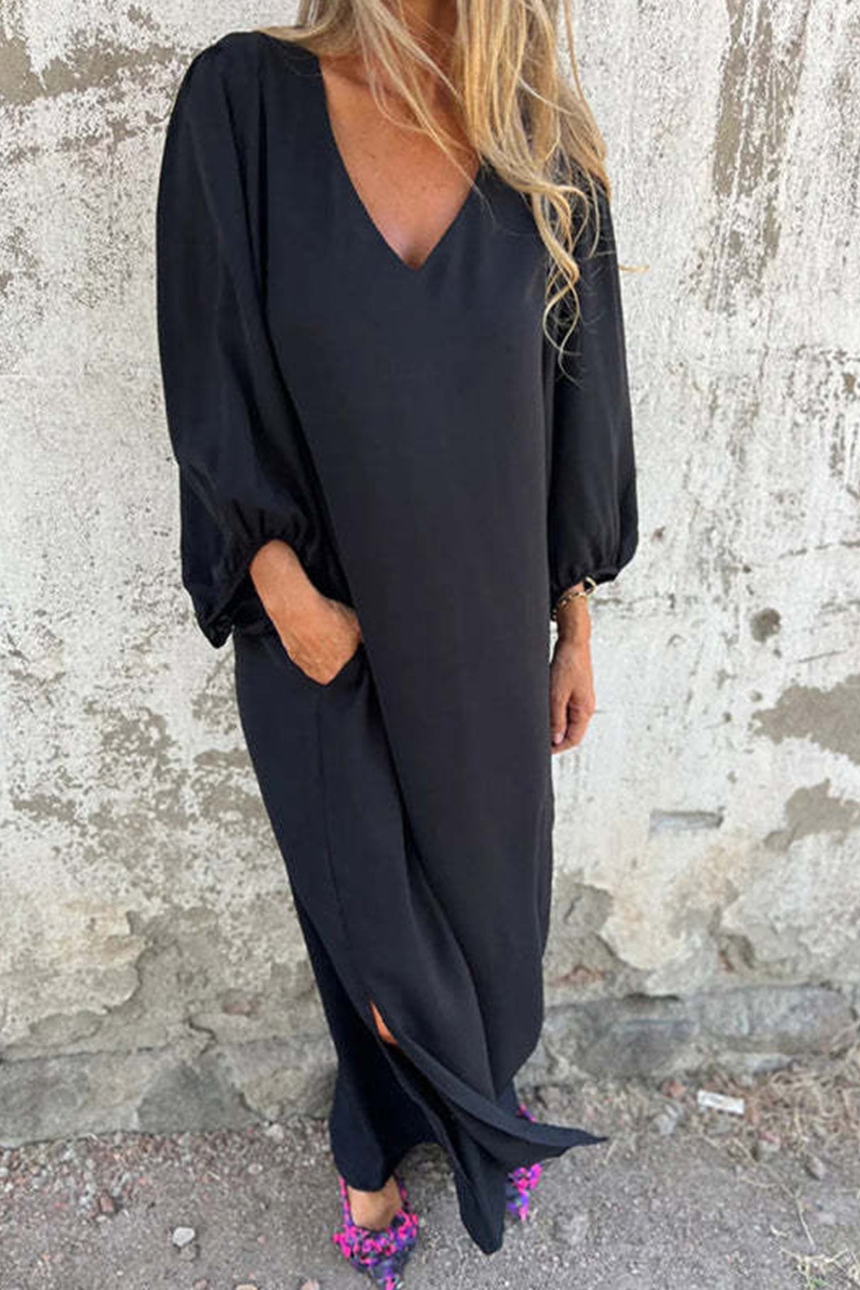 Arolora V Neck Lantern Sleeve Maxi Dress