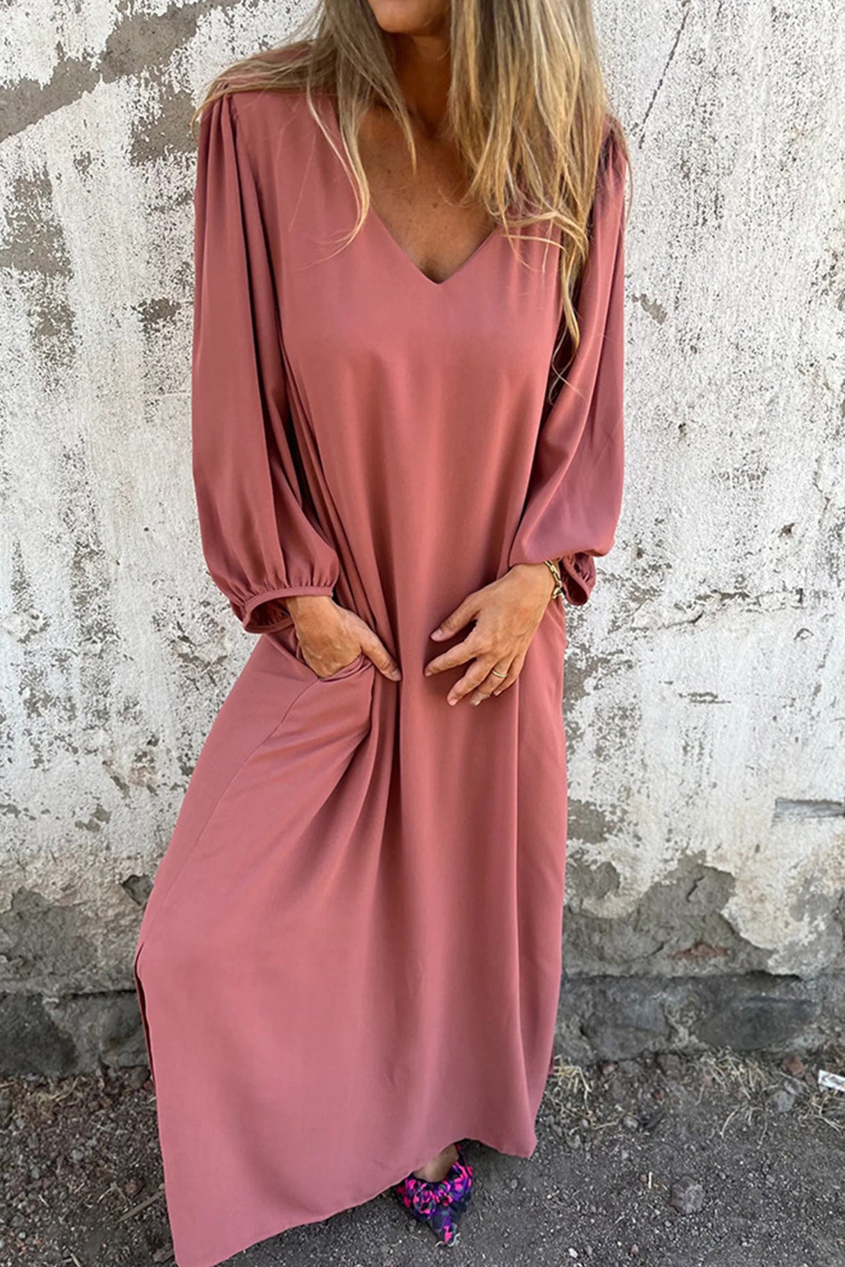 Arolora V Neck Lantern Sleeve Maxi Dress