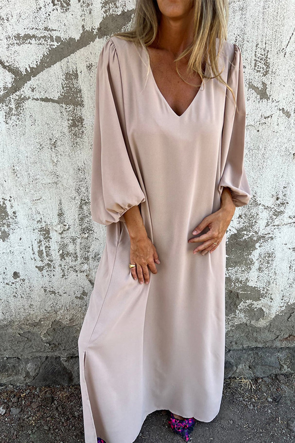 Arolora V Neck Lantern Sleeve Maxi Dress
