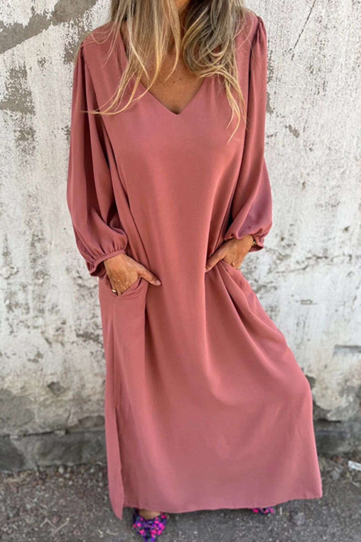 Arolora V Neck Lantern Sleeve Maxi Dress