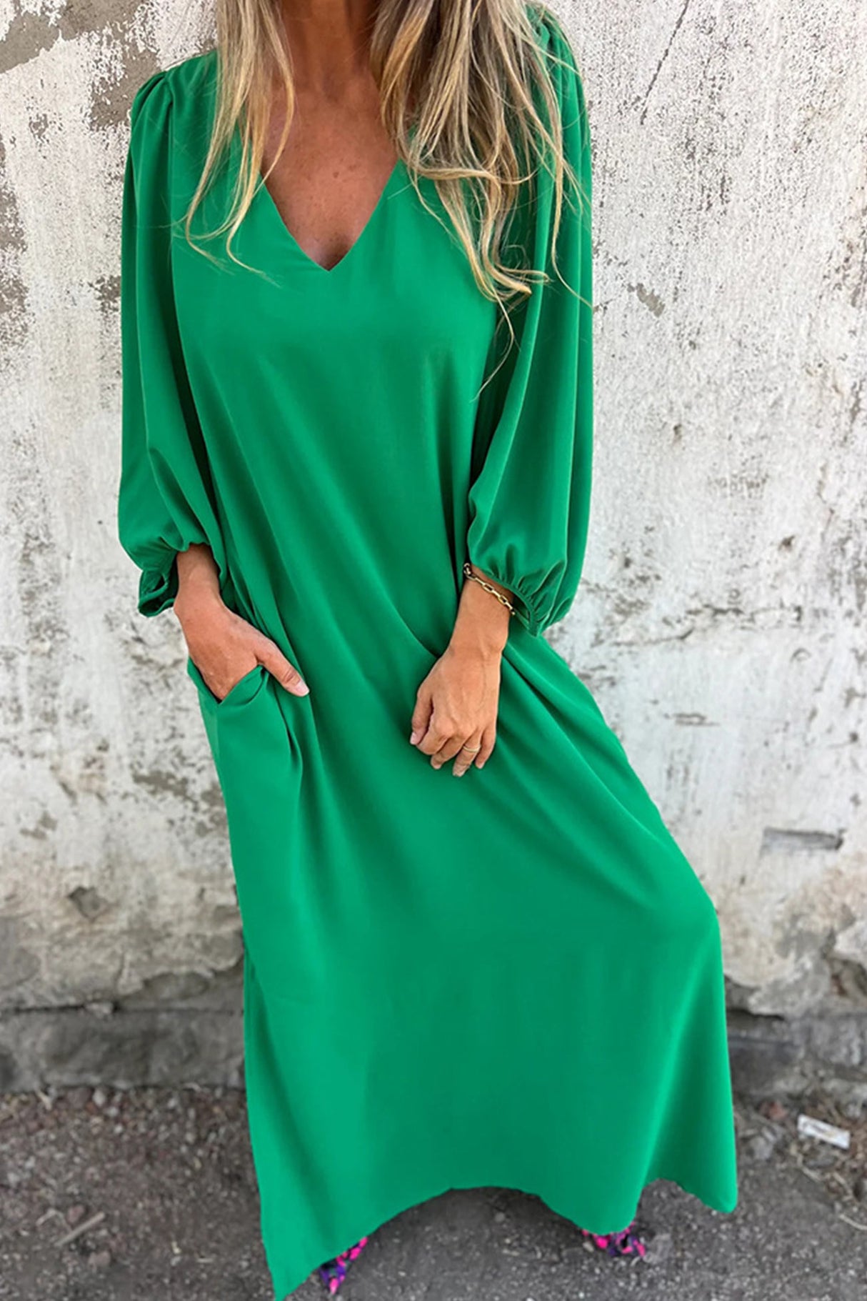 Arolora V Neck Lantern Sleeve Maxi Dress