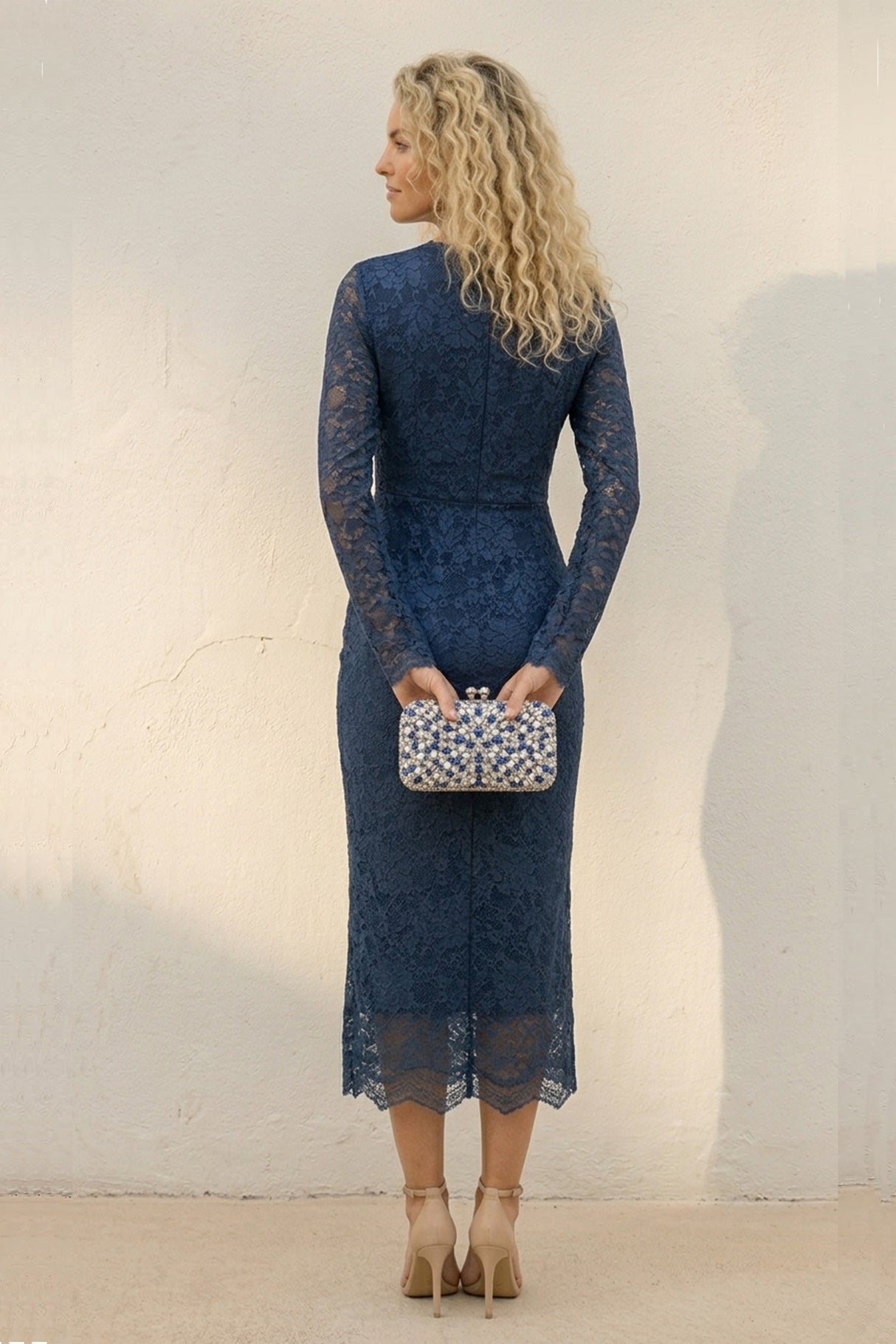 V Neck Long Sleeve Lace Bodycon Midi Dress