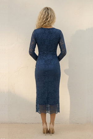 V Neck Long Sleeve Lace Bodycon Midi Dress