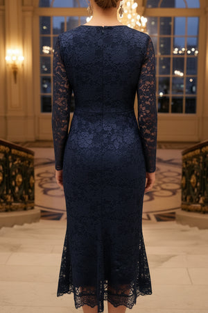 V Neck Long Sleeve Lace Bodycon Midi Dress