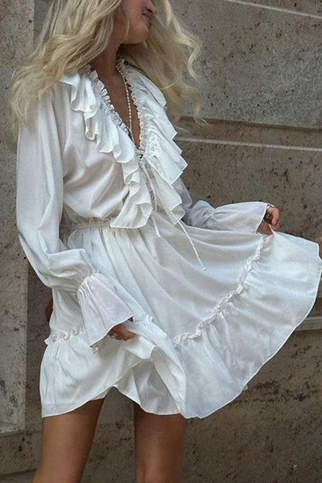 Arolora V Neck Pleated Trumpet Sleeve Ruffle Dress