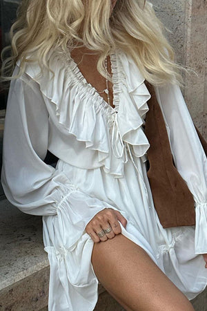 Arolora V Neck Pleated Trumpet Sleeve Ruffle Dress