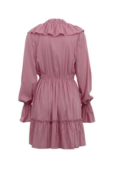 Arolora V Neck Pleated Trumpet Sleeve Ruffle Dress