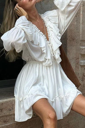 Arolora V Neck Pleated Trumpet Sleeve Ruffle Dress