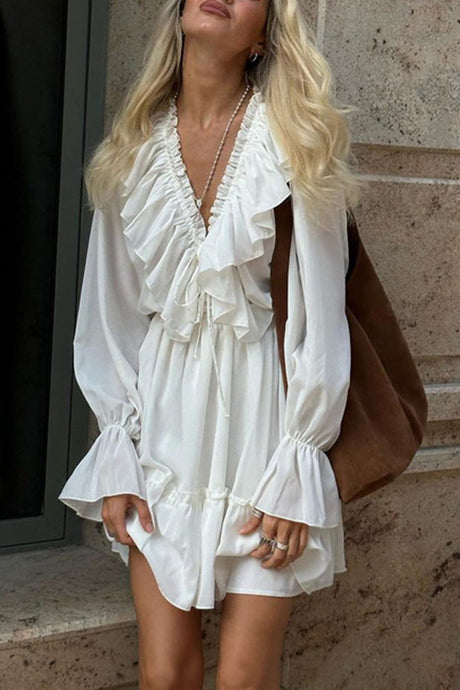 Arolora V Neck Pleated Trumpet Sleeve Ruffle Dress