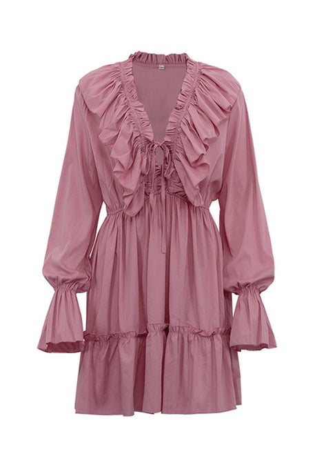 Arolora V Neck Pleated Trumpet Sleeve Ruffle Dress